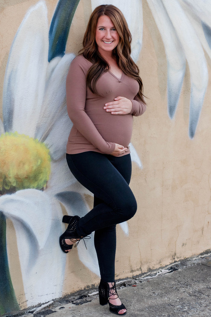 Mocha Ribbed V-Neck Long Sleeve Maternity Top