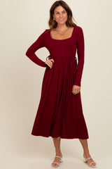 Burgundy Square Neck Long Sleeve Midi Dress