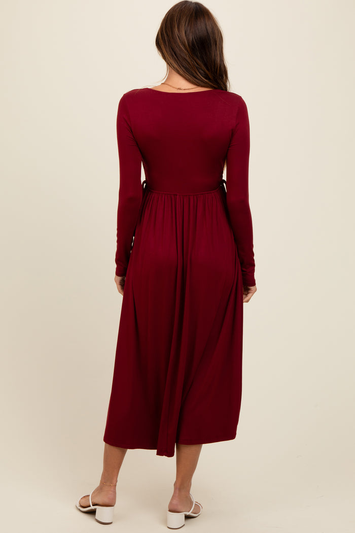 Burgundy Square Neck Long Sleeve Midi Dress