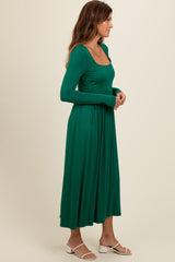 Forest Green Square Neck Long Sleeve Midi Dress