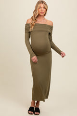 Olive Foldover Off Shoulder Long Sleeve Maternity Midi Dress