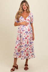 Ivory Floral V-Neck Maternity Midi Dress