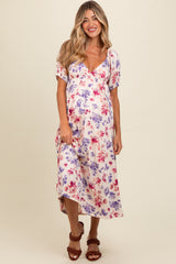 Ivory Floral V-Neck Maternity Midi Dress