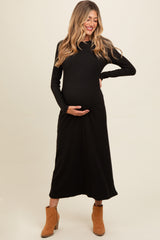 Charcoal Ribbed Knit Side Slit Maternity Midi Dress