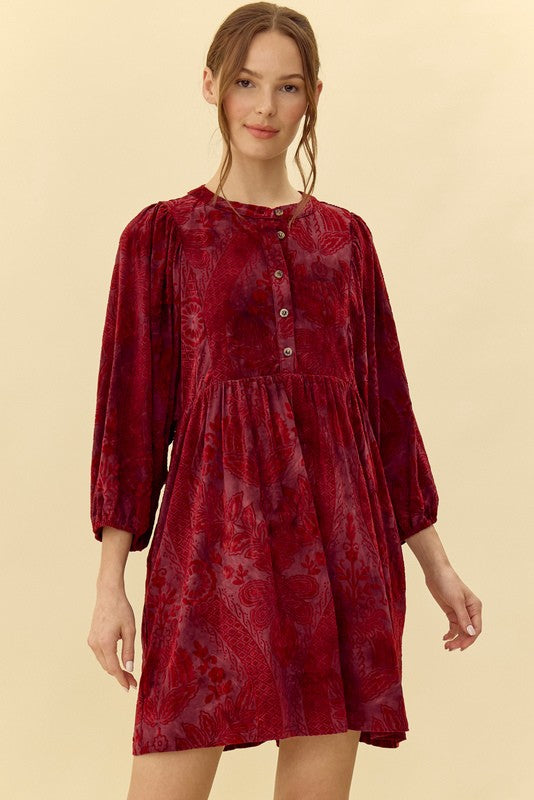 Burgundy Velvet Jacquard Button Up Maternity Dress