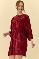 Burgundy Velvet Jacquard Button Up Dress