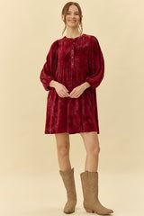 Burgundy Velvet Jacquard Button Up Dress