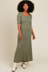 Olive Striped Ribbed Short Sleeve Maxi Dress