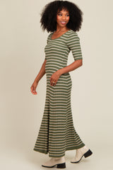 Olive Striped Ribbed Short Sleeve Maxi Dress