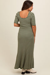 Olive Striped Ribbed Short Sleeve Maternity Maxi Dress