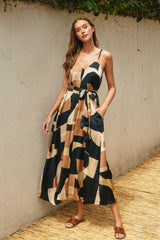 Camel Abstract Print Sash Tie Maternity Maxi Dress