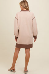 Beige Contrast Trim Collared Zip Up Maternity Mini Dress