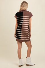 Mocha Knit Striped Colorblock Collared Zip Up Mini Dress