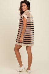 Cream Knit Striped Colorblock Collared Zip Up Mini Dress