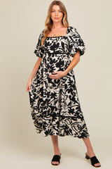 Black Floral Scallop Trim Maternity Midi Dress