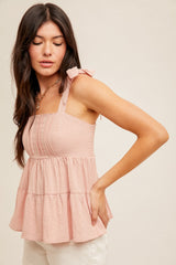 Dusty Pink Square Neck Tie Shoulder Smocked Babydoll Tank