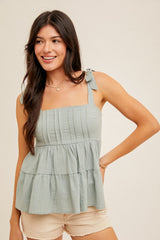 Seafoam Square Neck Tie Shoulder Smocked Babydoll Tank