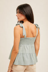 Seafoam Square Neck Tie Shoulder Smocked Babydoll Tank