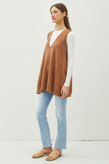 Pecan Oversize V-Neck Long Soft Sweater Vest With Pockets