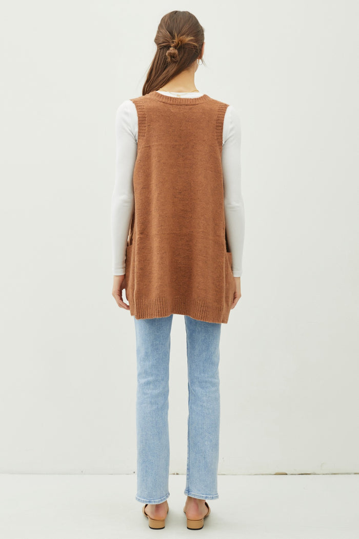 Pecan Oversize V-Neck Long Soft Sweater Vest With Pockets
