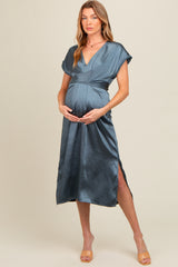 Blue Satin V-Neck Fringe Detail Maternity Midi Dress