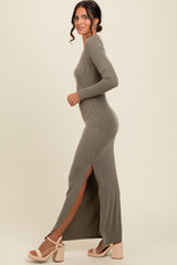 Olive Ribbed Long Sleeve Side Slit Maxi Dress