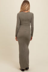 Olive Ribbed Long Sleeve Side Slit Maternity Maxi Dress