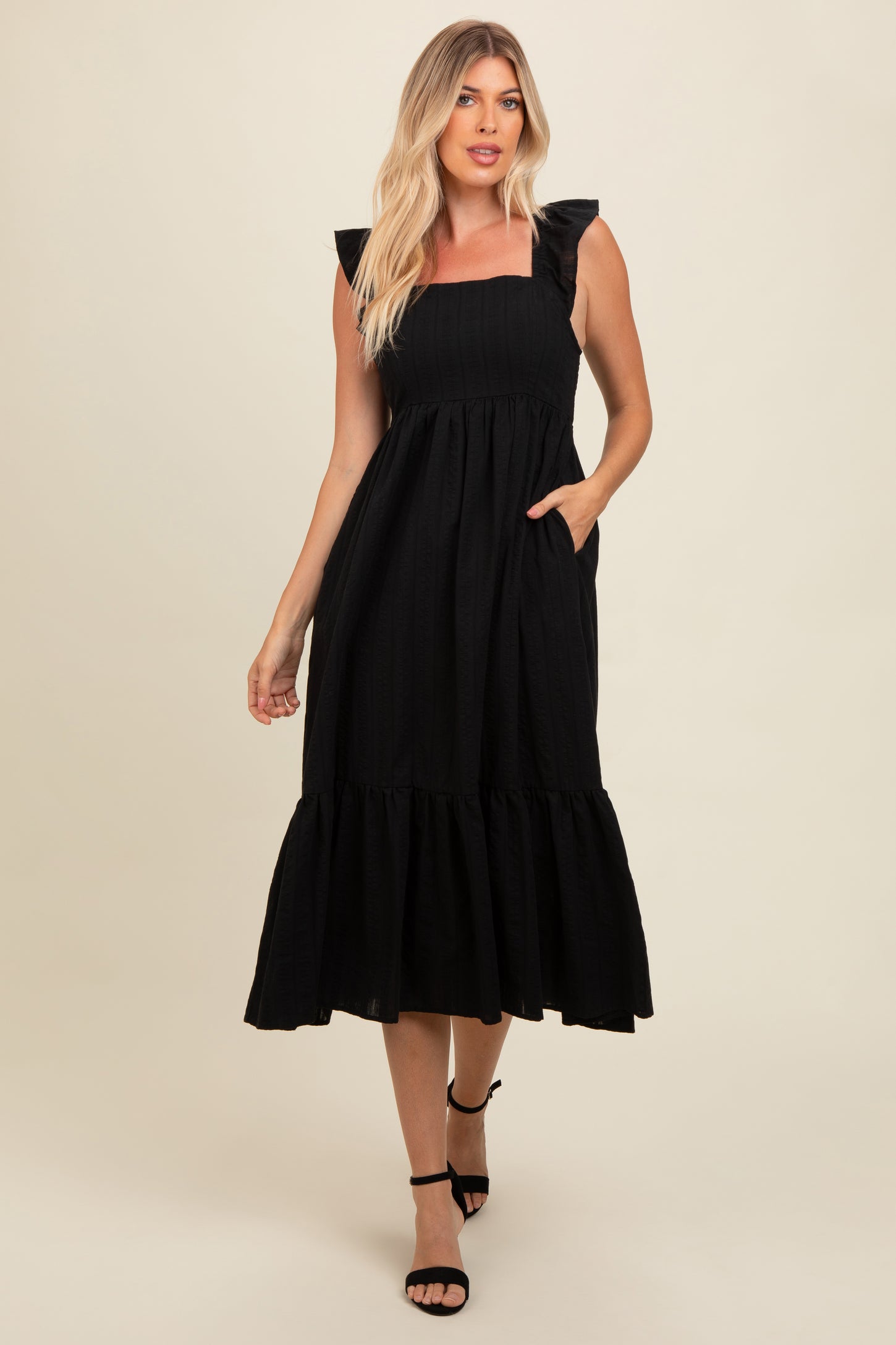 Black Textured Cotton Ruffle Strap Midi Dress