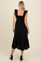 Black Textured Cotton Ruffle Strap Midi Dress