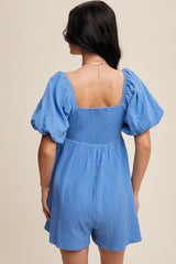 Bright Blue Square Neck Puff Sleeve Babydoll Romper