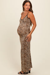 Brown Animal Print Fitted Maternity Maxi Dress