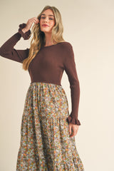 Mocha Floral Knit Midi Dress With Contrast Woven Skirt