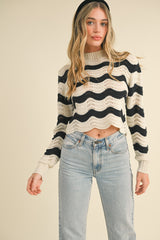 Ivory Black Wave Pattern Pointelle Sweater