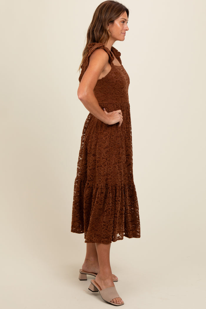 Brown Lace Shoulder Tie Ruffle Hem Midi Dress