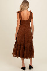 Brown Lace Shoulder Tie Ruffle Hem Maternity Midi Dress