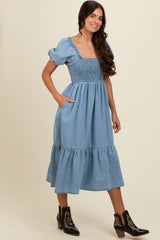 Light Blue Vintage Wash Chambray Smocked Midi Dress