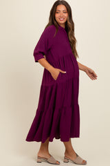 Magenta Collared Button Up Tiered Maternity Midi Dress