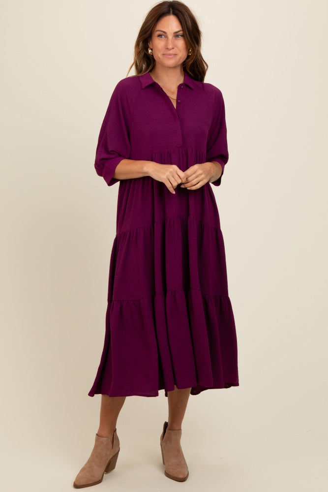 Magenta Collared Button Up Tiered Midi Dress