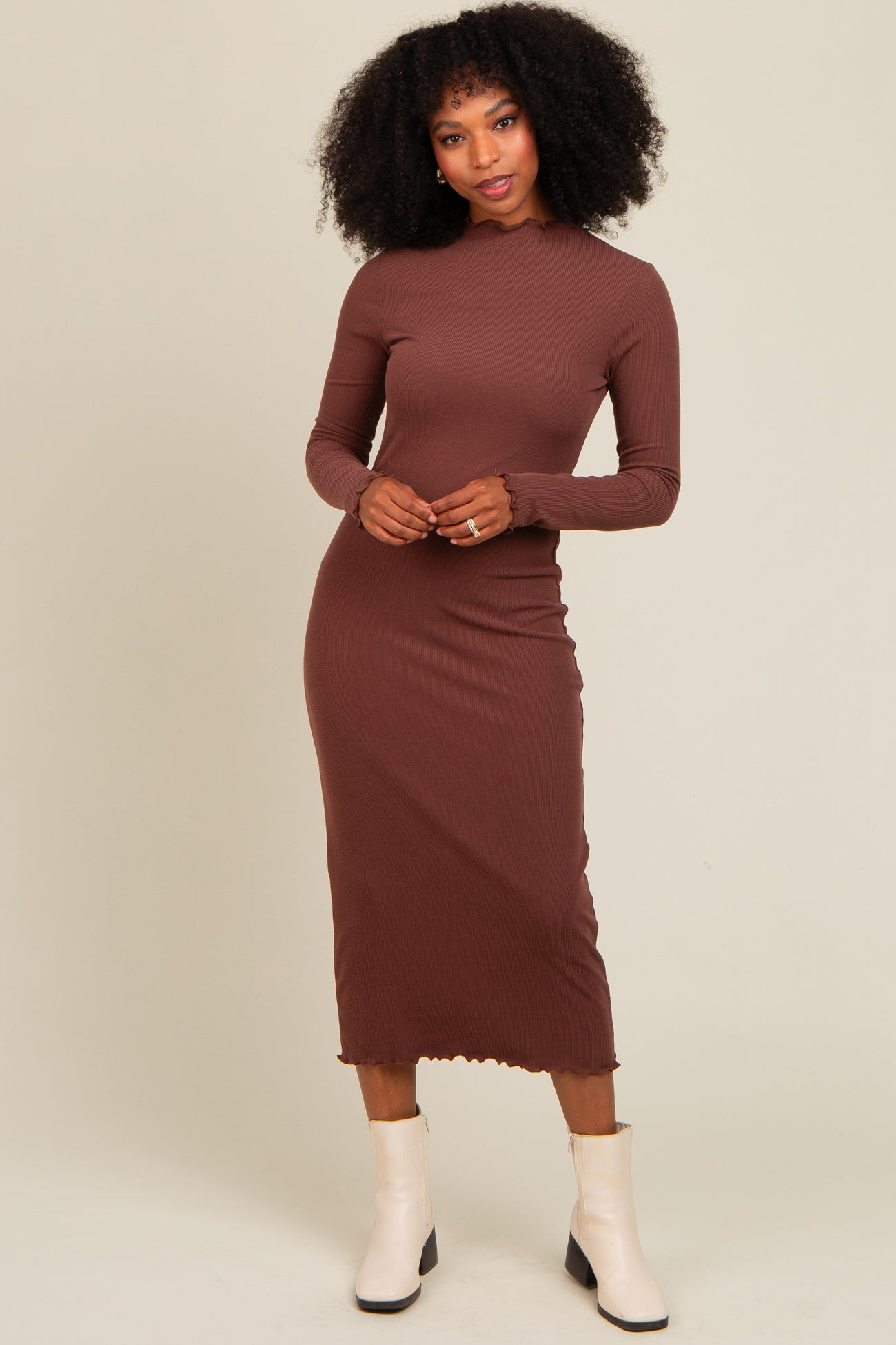 Brown Ruffle Mock Neck Long Sleeve Maternity Midi Dress