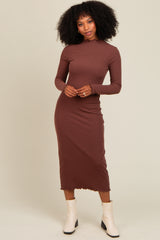 Brown Ruffle Mock Neck Long Sleeve Maternity Midi Dress