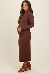 Brown Ruffle Mock Neck Long Sleeve Maternity Midi Dress