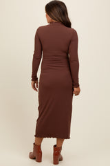 Brown Ruffle Mock Neck Long Sleeve Maternity Midi Dress