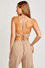 Taupe Halter Neck Linen Crop Top With High Waisted Pants