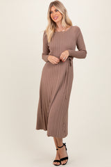 Mocha Pleated Waist Tie Midi Sweater Dress