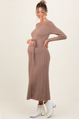 Mocha Pleated Waist Tie Maternity Midi Sweater Dress