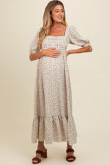 Ivory Floral Pleated Bodice Maternity Maxi Dress