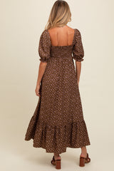 Mocha Floral Pleated Bodice Maternity Maxi Dress