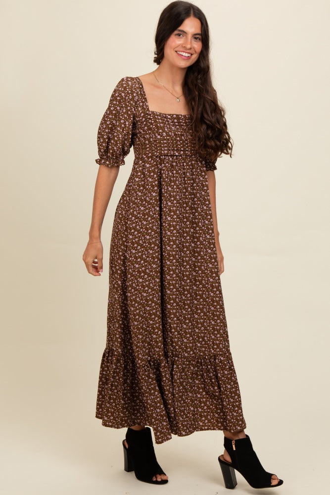 Mocha Floral Pleated Bodice Maxi Dress