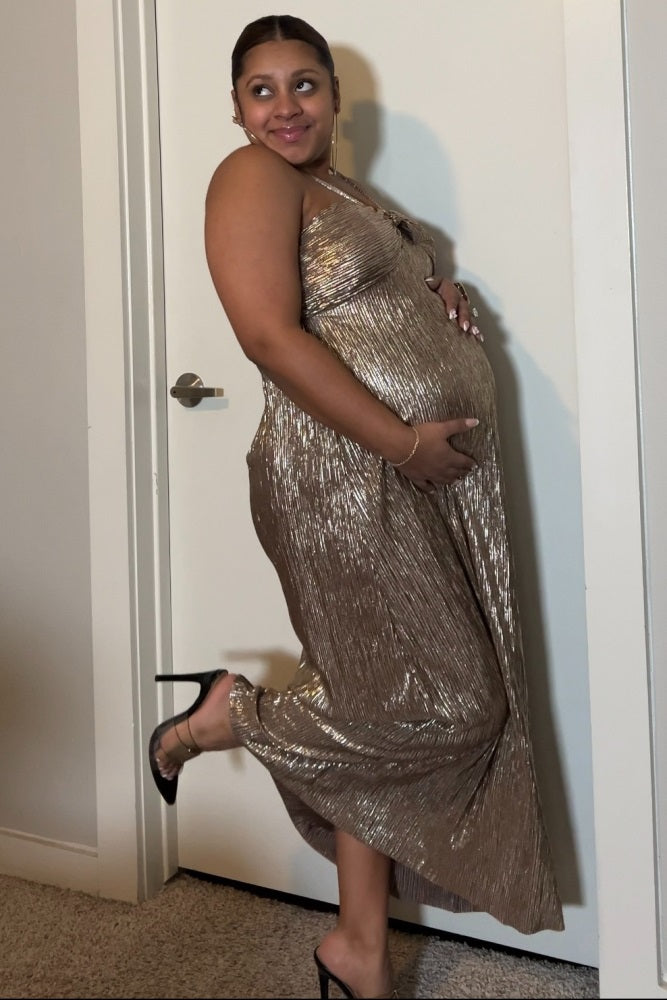 Dark Gold Metallic Halter Maternity Dress