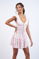 Pink Rose Floral Cap Sleeve Smocked Body Mini Dress